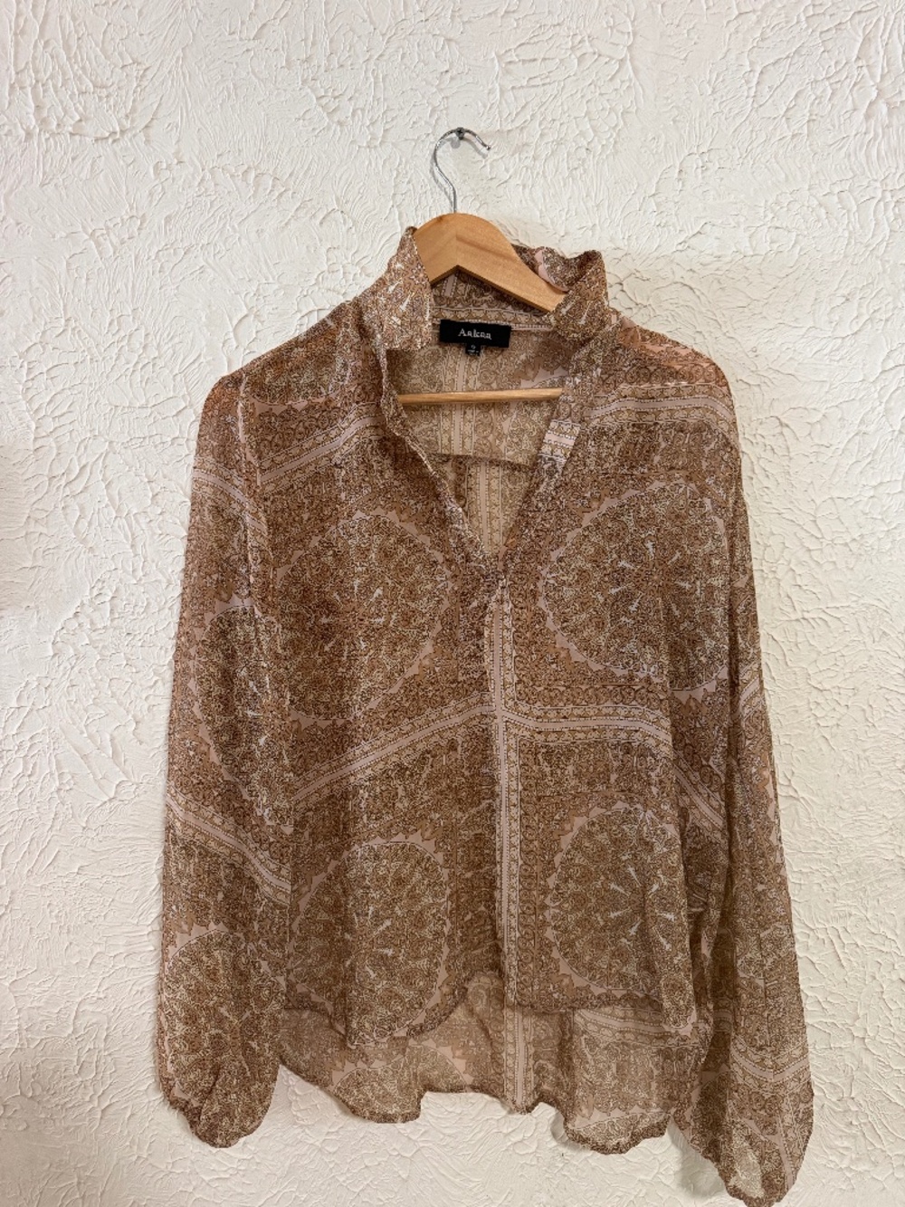 AaKaa Sheer Paisley Print Long Sleeve Blouse Small Beige Boho Button Front Top